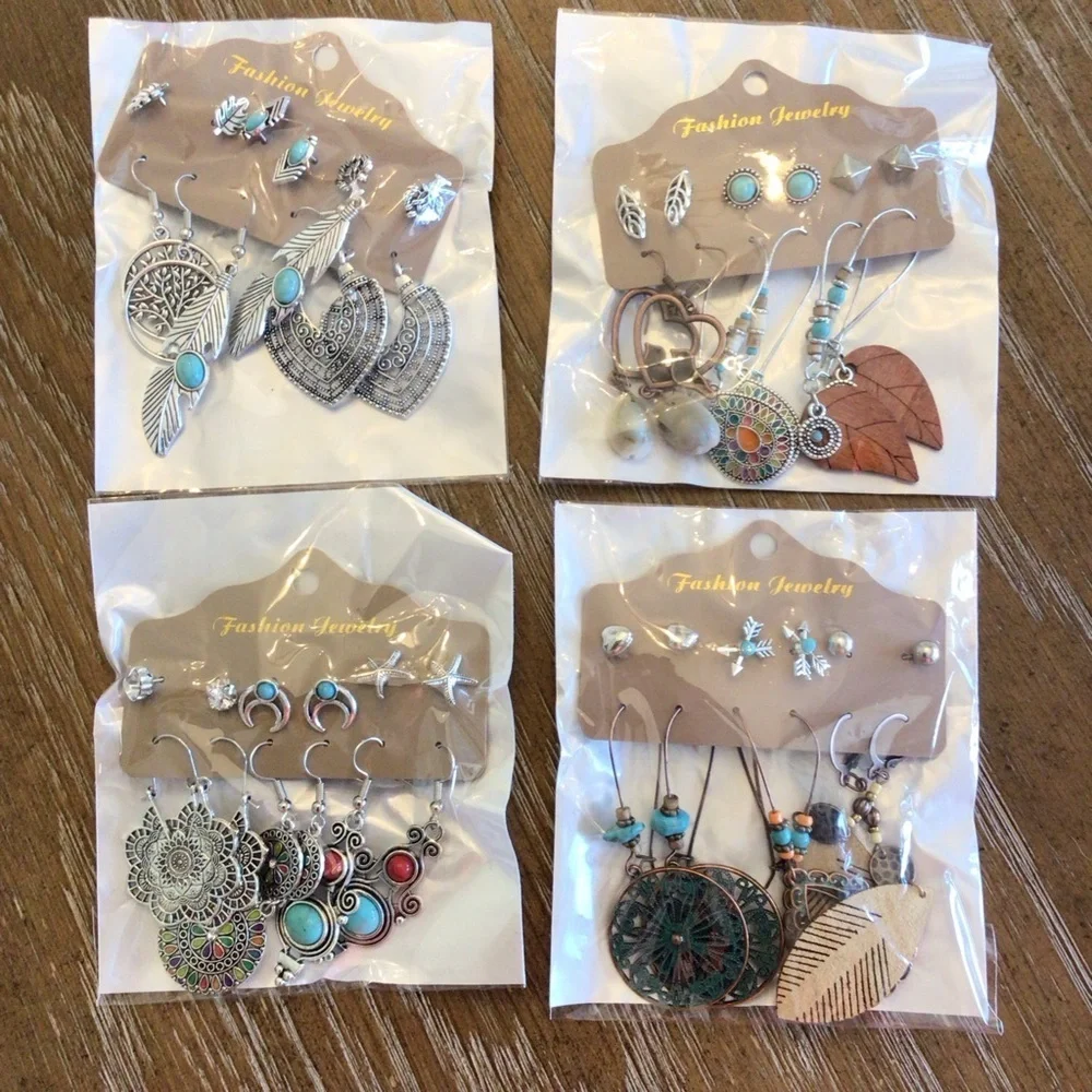 NWOT 6-Pairs Fashion Boho Bronze Silver Beaded Metal Dangle & Stud Earring Set